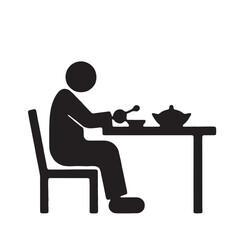 Fototapeta premium Black Silhouette Vector of Person Sitting and Eating with Spoon at Table in Daily Mealtime Scene on White Background Full Ultra HD