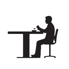Black Silhouette Vector of Person Sitting and Eating with Spoon at Table in Daily Mealtime Scene on White Background Full Ultra HD