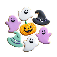 Obraz premium Halloween-shaped decorative cookies including ghosts, pumpkins, and witches' hats with colorful icing and fun details on transparent background