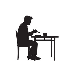 Black Silhouette Vector of Person Sitting and Eating with Spoon at Table in Daily Mealtime Scene on White Background Full Ultra HD
