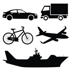 Black silhouettes of car truck bicycle airplane and ship on white background