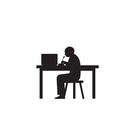 Black Silhouette Vector of Person Sitting and Eating with Spoon at Table in Daily Mealtime Scene on White Background Full Ultra HD