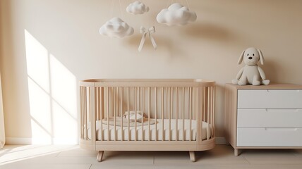 Light wood crib with cloud mobile and stuffed dog baby nursery