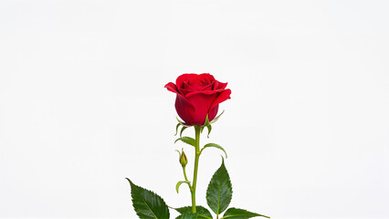 Obraz premium A red rose flower with stem and leaves is isolated on a white background. Suitable for design, decoration, or botanical reference.