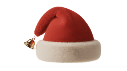 Photo of a red santa hat with white fur and a golden bell hanging from the side isolated on transparent background