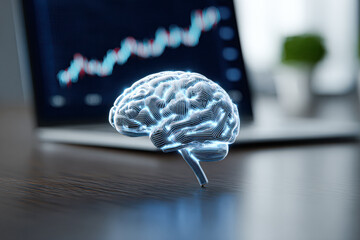 A digital brain hologram floats over a desk with a blurred stock market graph in the background, symbolizing AI and data analysis.