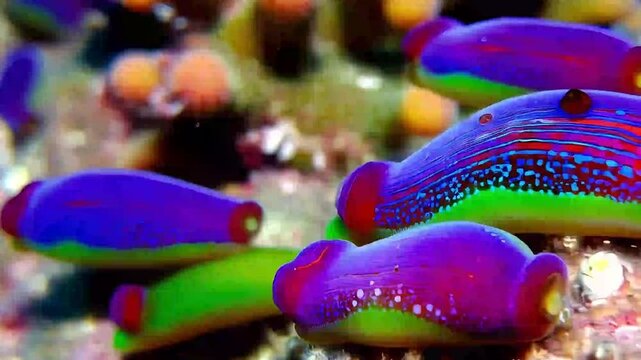 Colorful nudibranch crawling over coral reef macro closeup
