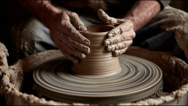 Hands shape clay cup on spinning pottery wheel. Wet mud covers fingers and tool.