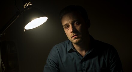 Man sits alone under a desk lamp, his face etched with weariness and contemplation, lost in thought under the soft glow.