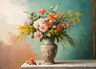 Elegant floral arrangement in ornate vase with soft pastel background