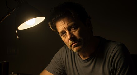 Pensive man sits under a warm lamplight, lost in thought, his face etched with contemplation and quiet solitude.