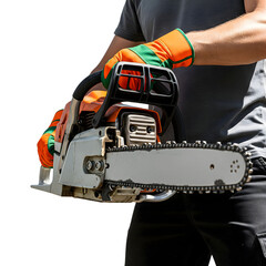 Fototapeta premium A man holding a chainsaw with protective gloves is isolated on transparent background, ready for cutting wood