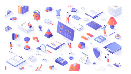 Data Analysis, Accounting, Analytics, Report, Research, Planning. Business process, office work. Tiny people work with documents, graphs and charts. 3d isometric concept for web. Vector illustration.