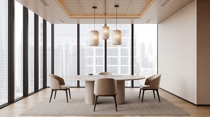 Fototapeta premium Modern conference room with oval table and chairs minimalist