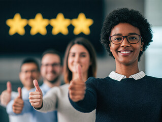 A diverse group of professionals giving thumbs up in front of glowing five-star ratings, symbolizing high satisfaction and positive feedback.