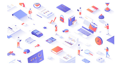 Data Analysis, Accounting, Analytics, Report, Research, Planning. Business process, office work. People work with documents, graphs and charts. 3d isometric concept for web. Vector illustration.