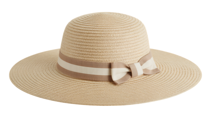 Photo of a beige straw hat with a brown and white striped band and bow, isolated on transparent background
