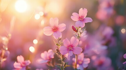 Epilobium Hirsutum flowers glowing softly in an enchanted meadow, with a magical light shining.