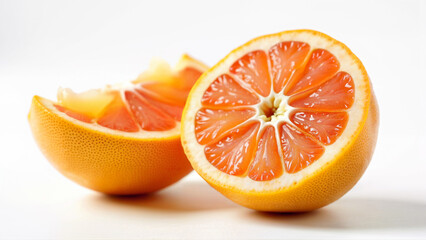 Isolated  ripe pomelo fruit cut in half, showing visible seeds and juicy flesh. Useful for food, nutrition, and healthy eating concepts.
