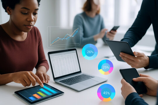 Diverse business team collaborating on digital tablet and laptop, analyzing data charts and graphs, modern office setting.
