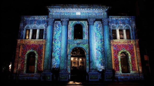 Facade of a building adorned with vibrant projected patterns at night.