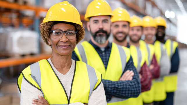 A diverse team of construction workers wearing yellow safety helmets and vests stand confidently in a warehouse setting.