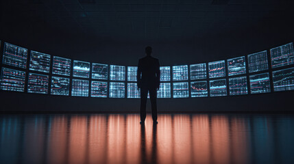 A person stands alone in a dark room, facing a semicircle of multiple large screens displaying complex data and digital patterns.