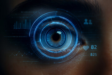 Futuristic Eye Scan: Biometric Data, Digital Overlay, Blue Tech Interface