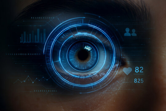 Futuristic Eye Scan: Biometric Data, Digital Overlay, Blue Tech Interface