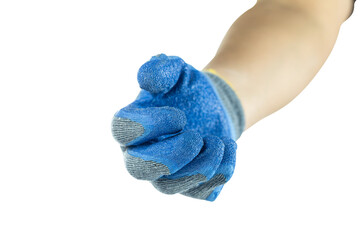Hand in a blue protective work glove, ready to grasp, isolated on white background with clipping path. Perfect for industrial, safety, or construction themes.