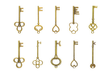 Set of antique golden skeleton keys, perfect for vintage, mystery, or security concepts, isolated on white background with clipping path.
