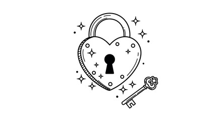 Heart shaped padlock with key and stars vector illustration in line art style