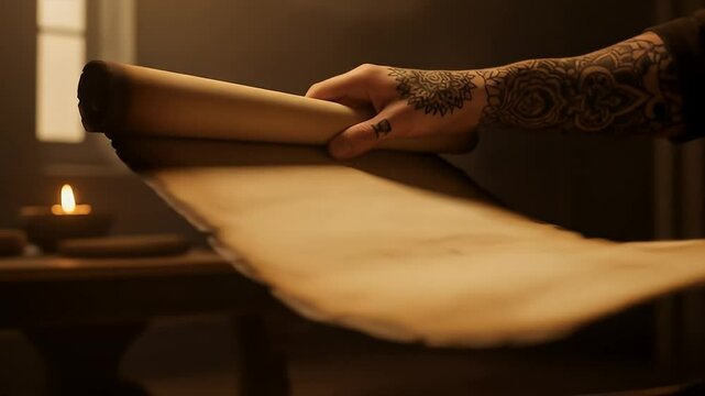 Hand Unrolling Ancient Parchment Scroll Revealing History Knowledge