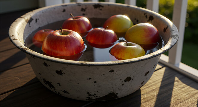 Macro shot of vintage enamel apple bobbing tub with patina on porch steps during golden hour, high-key backlight rim glow with water reflections, nostalgic autumn scene with copy space
