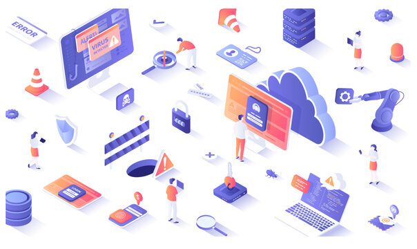 Internet security, Cybersecurity Services, Data Protection. Safe internet technologies. Tiny people enter pin and password to verify their id and security access. 3d isometric concept for web. Vector