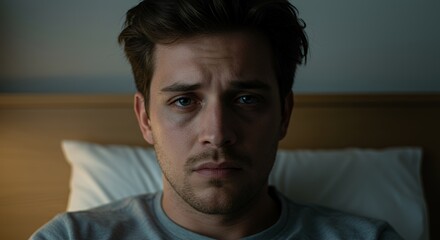 Obraz premium Young man sits in bed, lost in pensive thought, his expression conveying sadness and contemplation.