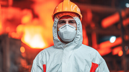 Fototapeta premium Worker in protective gear and mask stands in front of a fiery industrial background, ensuring safety in a high-risk environment.