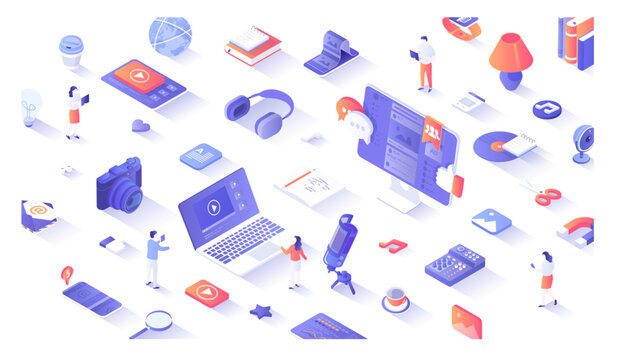 Social Media Content Creating. Communicating online, surfing profiles, likes photo, sharing. Bloggers and influencers create posts for social networks. 3d isometric concept for web Vector illustration