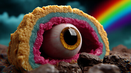 Obraz premium Surreal dessert with embedded eyeball and rainbow background