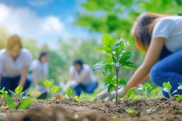 Group planting young tree for environmental care

