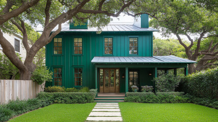 Green country home with wood paneling, large windows, lush garden, peaceful atmosphere