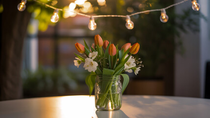 Orange tulips white daffodils glass jar string lights
