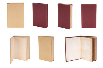 Set of vintage blank books with aged pages and classic covers in various views, isolated on white background with clipping path. Perfect for mockup and design projects.