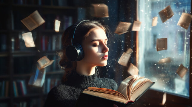 Woman Immersed in Book with Floating Pages - Powered by Adobe