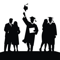 Silhouette of Graduates Celebrating Graduation with Couples on a White Background