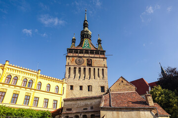 Clock Tower in Historic Sighisoara, Mures County, Romania – Medieval Landmark and Cultural Heritage
