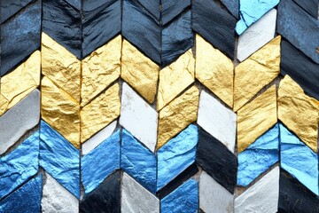 Chevron Mosaic: A captivating close-up of a chevron-patterned mosaic composed of shimmering gold, tranquil blue, sophisticated silver, and dark obsidian stones.