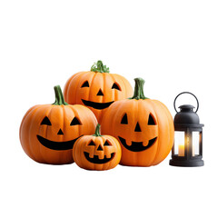 Laughing pumpkins gathered together with fun Halloween props, radiating cheerful and festive spirit on transparent background