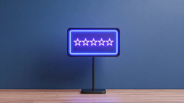 A glowing neon sign displays a five-star rating on a sleek stand against a blue wall and wooden floor.