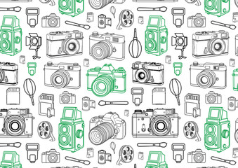Seamless high res vector pattern of outlined camera, gear or tools